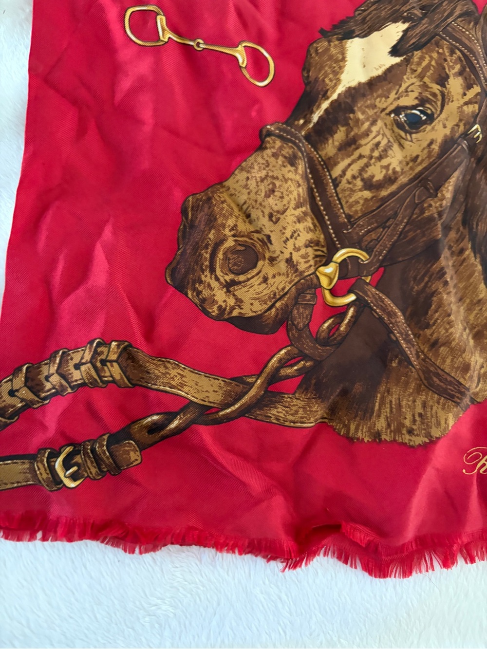 Equestrian Print Red Silk Scarf by Ralph Lauren Vintage ascot - Picture 13 of 14